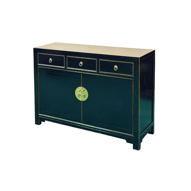 Asian Oriental Black Lacquer 3 Drawers MoonFace Console Credenza Sideboard For Sale - Image 3 of 15