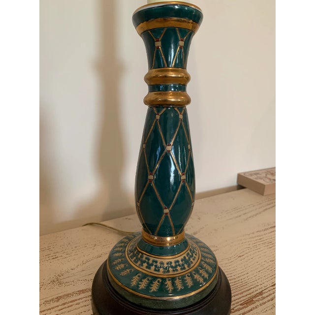 French Hand Enameled Porcelain Candlestick Table Lamp on Wood Base With Paneled Gold Linen Shade, Draped Apron, and Cord Accent. For Sale - Image 9 of 10