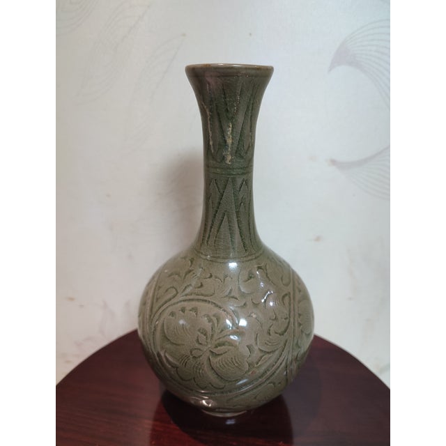 Chinese Ceramic Vase Yaozhou Ware Celadon Vase Hand Carved Flowers Pattern For Sale - Image 4 of 10