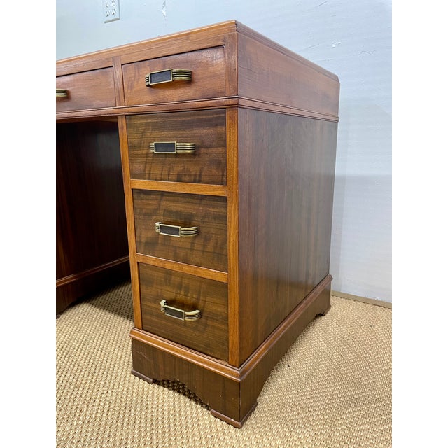 Brass 1920s Art Deco Walnut Desk W/ Bakelite Brass Handles For Sale - Image 8 of 16