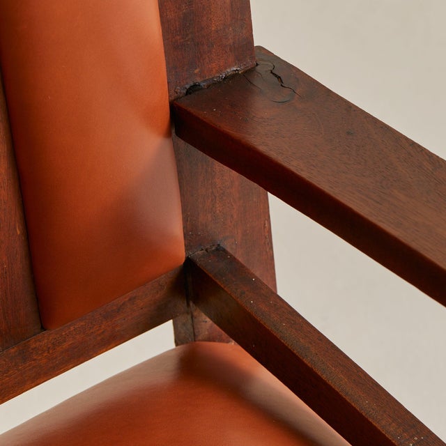 French Colonial Wood + Cognac Leather Armchair, 1944 For Sale - Image 10 of 10