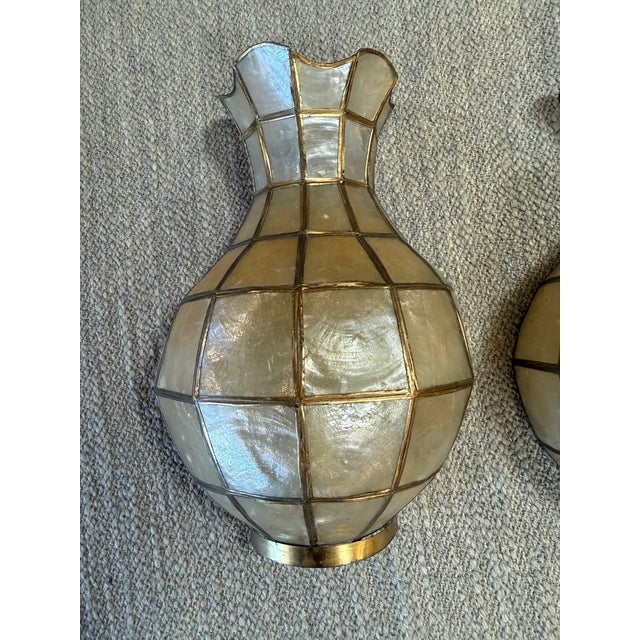 Italian Pair of Capiz Shell and Brass Wall Sconces Small, 1970s For Sale - Image 3 of 9