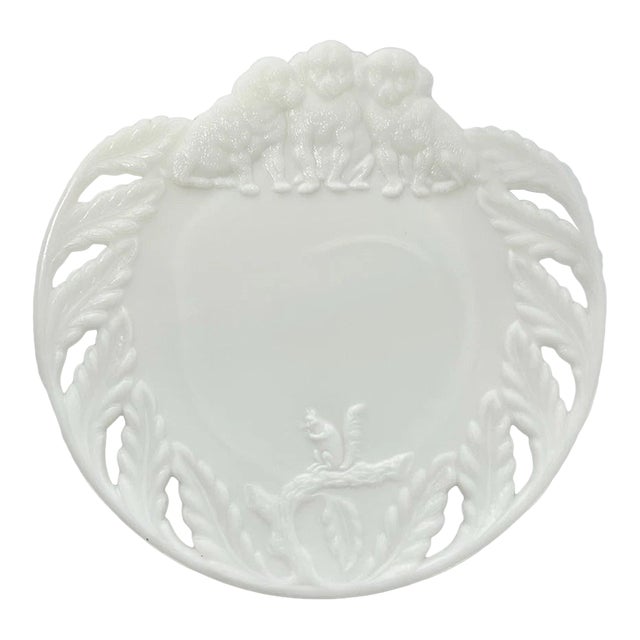 1890s Antique Milk Glass Puppies Dog & Squirrel Reticulated Dish Tray Plate For Sale