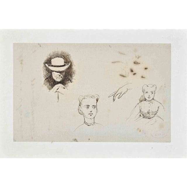 Eugène Giraud, The Figures, Original Drawing on Paper, Mid 20th-Century For Sale