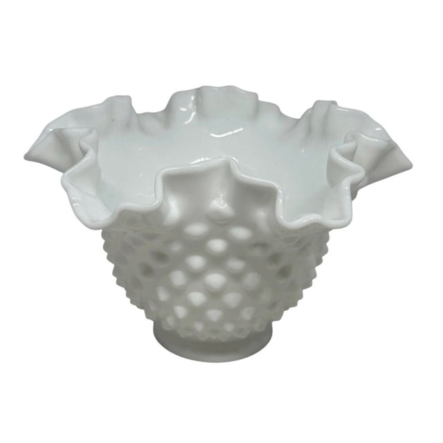 Elegant vintage white milk glass hobnail bowl with pronounced ruffled rim, 6.5" across. Glossy opaque white with strong...