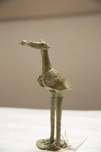 Vintage AfricanOxidized Bronze Crowned Stork With Fish Sculpture