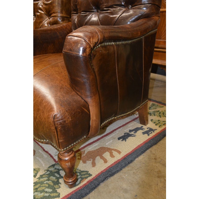 1990s Pair Tufted Back Brown Leather Arm Club Chairs High Back - English Library / Cigar Lounge For Sale - Image 9 of 17