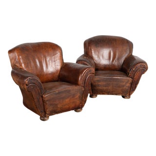Pair, Vintage Brown Leather Large Club Chairs From France, Circa 1940 For Sale