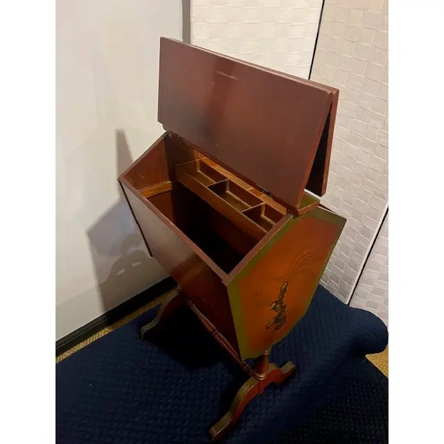 Vintage 20th Century English Style Red Japanned Hinged Two-Sided Flip-Open Sewing Cabinet For Sale - Image 15 of 18