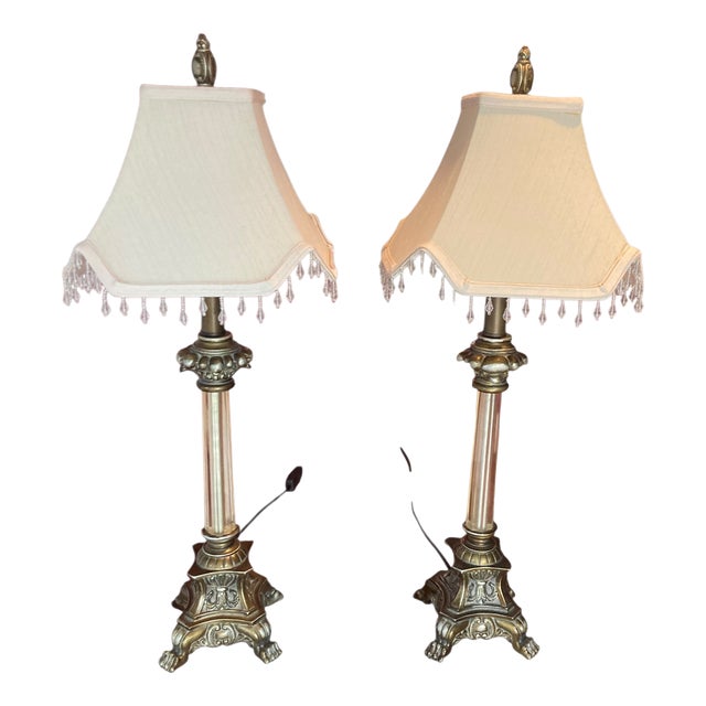 Regency Style Table Lamps with Neoclassical Bases, Paw Feet and Cream Fabric Shades with Beaded Fringe, 1980, Set of 2 For Sale