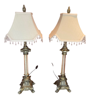 Regency Style Table Lamps with Neoclassical Bases, Paw Feet and Cream Fabric Shades with Beaded Fringe, 1980, Set of 2