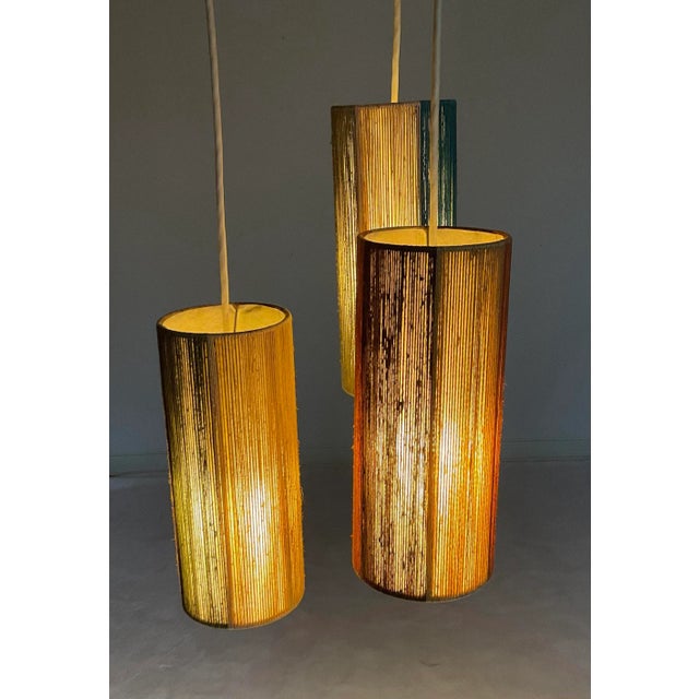 Vintage 50s 60s Mid-Century Triple, Multiple Color Yarn String Shades Hanging Ceiling Light Fixture For Sale - Image 11 of 12