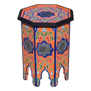 Orange Moroccan Hand-Painted Accent Table For Sale