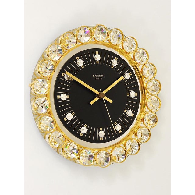 German Hollywood Regency Golden Wall Clock in Gilt with Crystals by Junghans, 1970s For Sale - Image 12 of 15