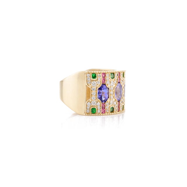 Metal Stately 14k Solid Gold Wide Band With Multi Gem Contemporary Ring Size 5.5 For Sale - Image 7 of 12