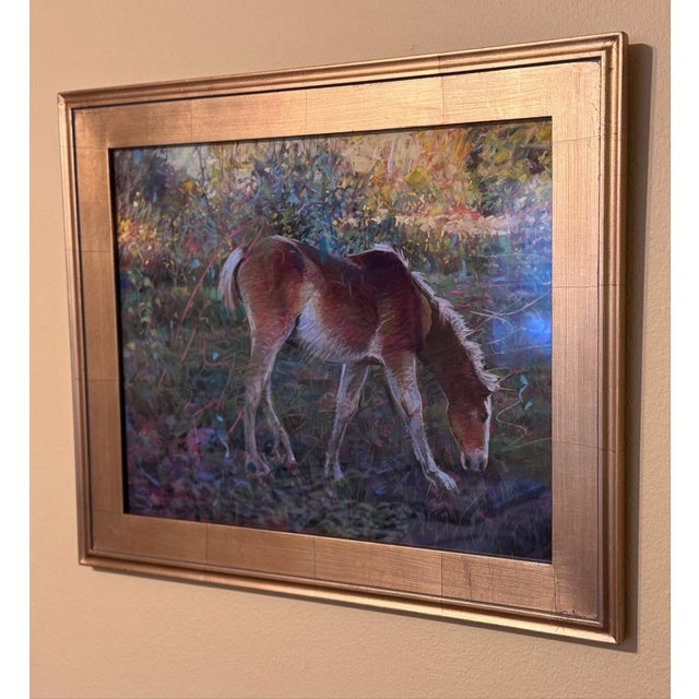 Figurative Little Spunkaroo by Jeff Slemons | Soft Pastel on Sanded Paper Young horse grazing in a colorful field. For Sale - Image 3 of 4