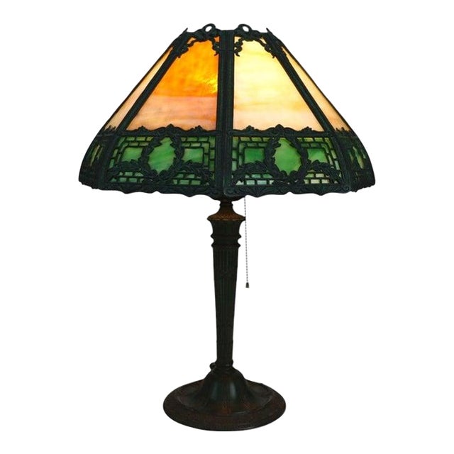 1920s Bradley & Hubbard School Arts & Crafts 2 Tone 8 Panel Slag Glass Lamp For Sale