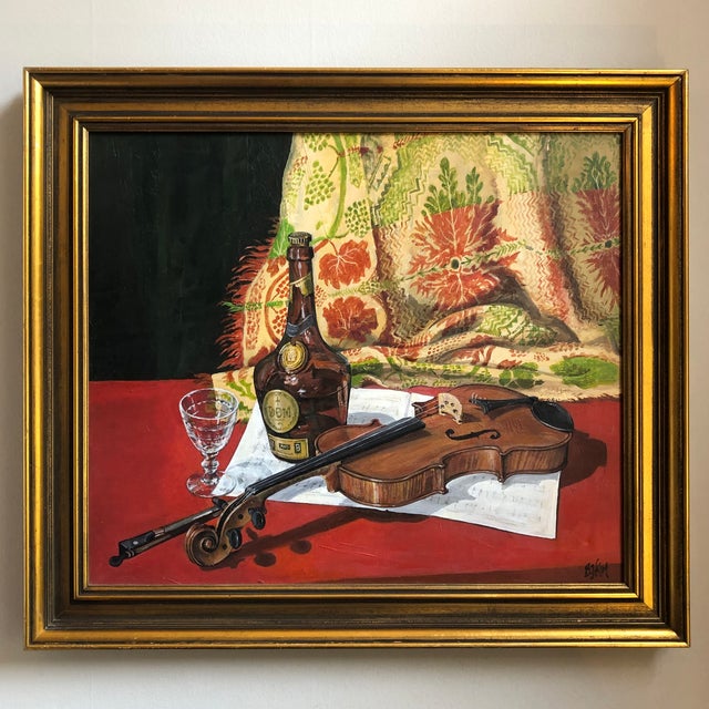 Offering a lovely music-themed still life from the early-20th century. Beautifully rendered, this acrylic on canvas...