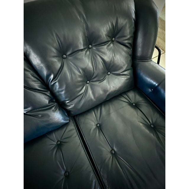 Vintage Navy Blue Leather Regency Sofa | Tufted Curved Front, Brass Nailhead Trim For Sale - Image 6 of 12