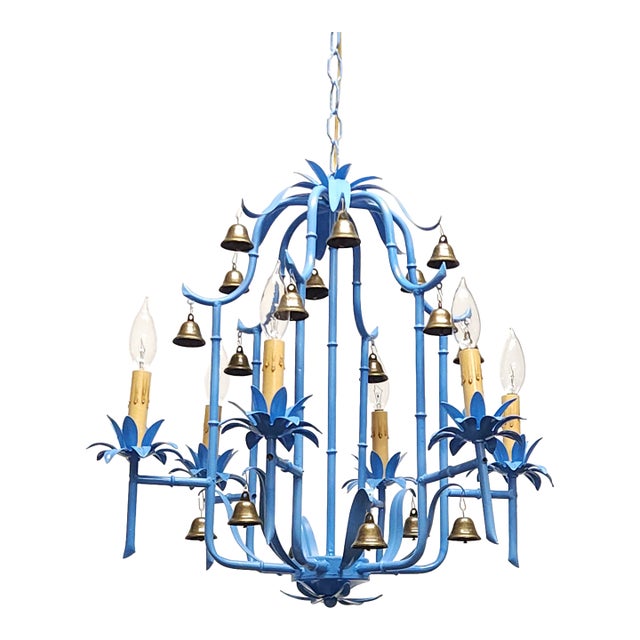 Splendid Italian Tole Vintage Baby Blue Faux Bamboo Pagoda Brass Chandelier ~ Rewired ~ Restored ~ Rejuvenated ~ Ready to Hang ~ For Sale