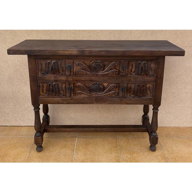 Brown Spanish Hand Carved Console With Two Drawers, 1930s For Sale - Image 8 of 10