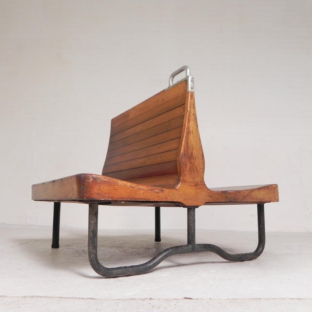 Industrial Double-Sided Teak Train Bench, 1930s For Sale - Image 3 of 18