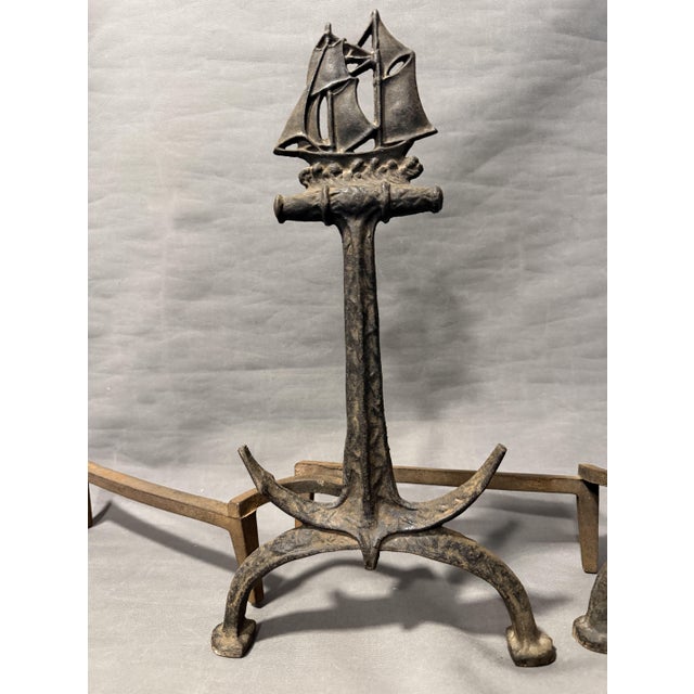 Fireplace Andirons with Naval Ship and Anchor from Bradley & Hubbard, 1920s, Set of 2 For Sale - Image 6 of 10