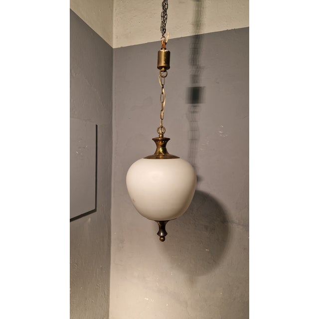 Brass Chandelier with Apple-Shaped Milk Glass, 1950s For Sale - Image 6 of 9
