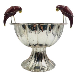 1980s Emilia Castillo Sculptural Parrot Center Bowl in Jasper & Silver-Plate, Mexico For Sale
