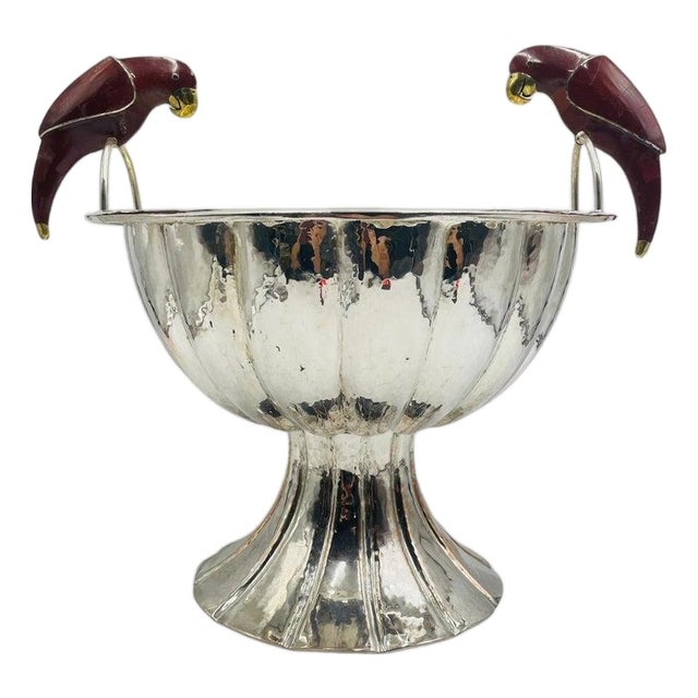 1980s Emilia Castillo Sculptural Parrot Center Bowl in Jasper & Silver-Plate, Mexico For Sale