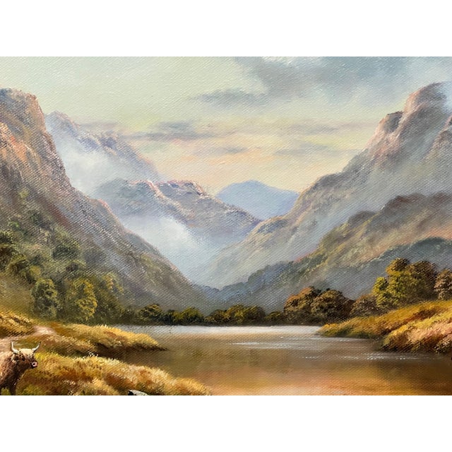 Textile River Landscape with Highland Cows & Sheep in the Scottish Mountains 1985 Circa For Sale - Image 7 of 16