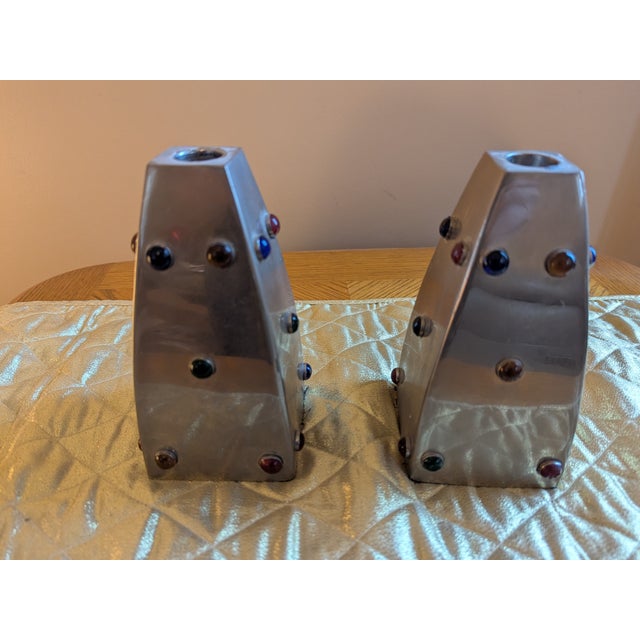 Vintage Metal Candlesticks With 20 Embedded Crystal Stones For Sale - Image 4 of 7