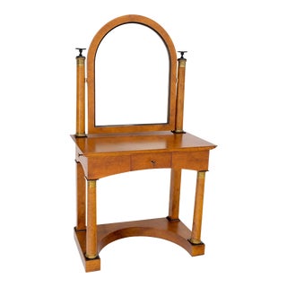 Burl Wood Biedermeier Dressing Table Mirror Matching Chair Cane Seat - A Pair For Sale