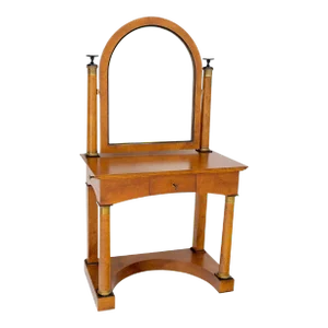 Burl Wood Biedermeier Dressing Table Mirror Matching Chair Cane Seat - A Pair