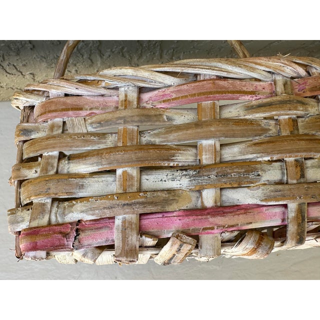 Vintage 1900s Natural Pink & White Wash Square Wicker Basket For Sale - Image 12 of 12