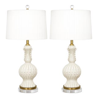 Vintage Murano Ivory Lamps With Controlled Bubbles and Ruffle Detail – A Pair For Sale