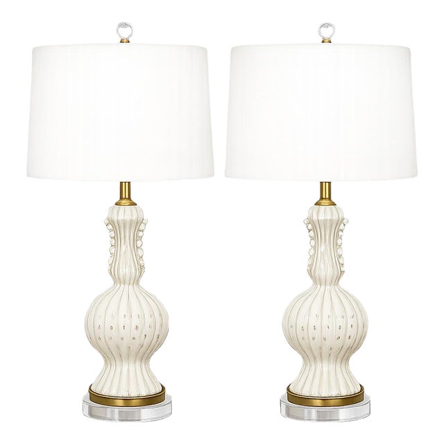 Vintage Murano Ivory Lamps With Controlled Bubbles and Ruffle Detail – A Pair For Sale