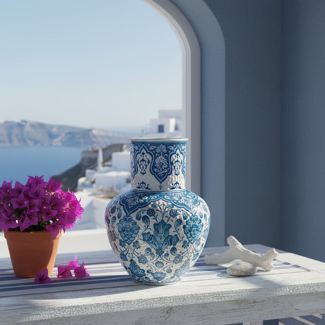 Turkish Handmade Ceramic Ata Vase (30cm) Turquoise Relief Floral with Scale Texture For Sale - Image 3 of 9