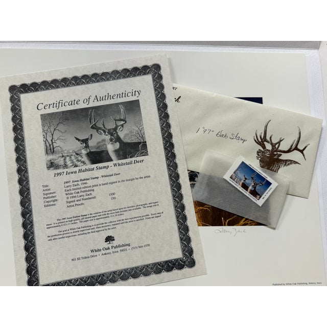 1990s Larry Zach 1997 Iowa Habitat Deer Limited Edition Print and Stamp W/Coa For Sale - Image 5 of 6