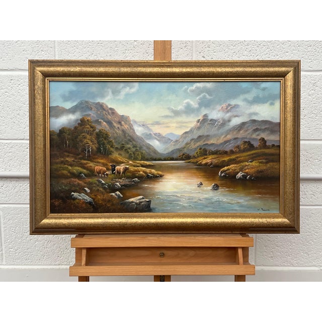 River Landscape with Highland Cows & Sheep in the Scottish Mountains 1985 Circa For Sale - Image 9 of 16