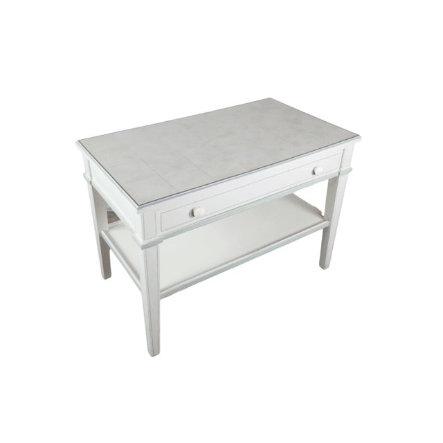 Fantastic Drawer Side Table with Hand Painted Faux Shearling Top Attractive design elements, such as decorative moldings...