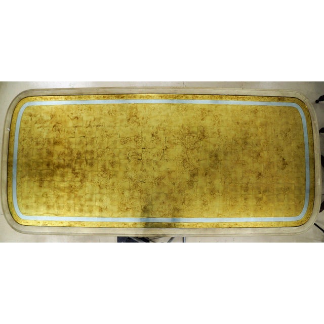 French Vintage Maison Jansen Louis XVI Style Dining Table With Verre Églomisé Gold & Silver Leaf Glass Top For Sale - Image 3 of 6