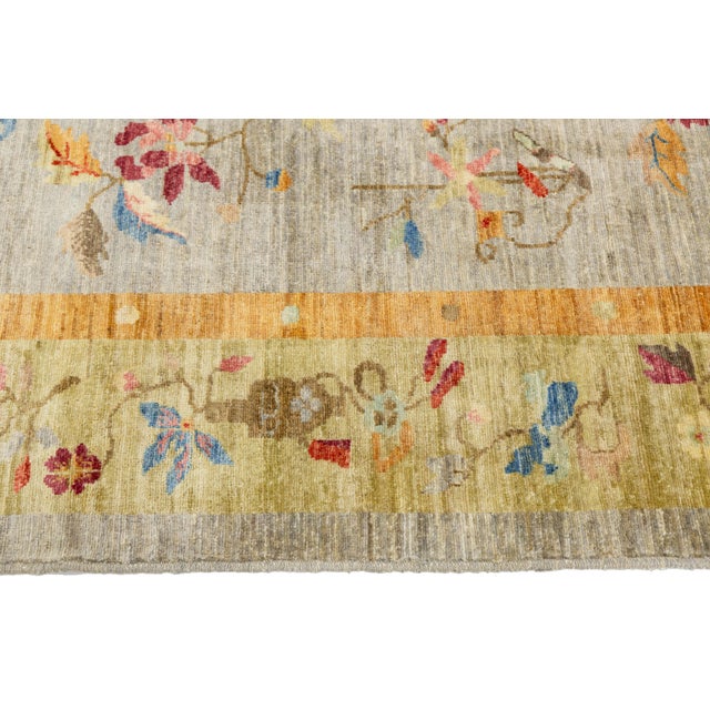 Hand-Knotted Modern Chinese Botanical Wool Area Rug - Slate Grey & Marigold For Sale - Image 9 of 11