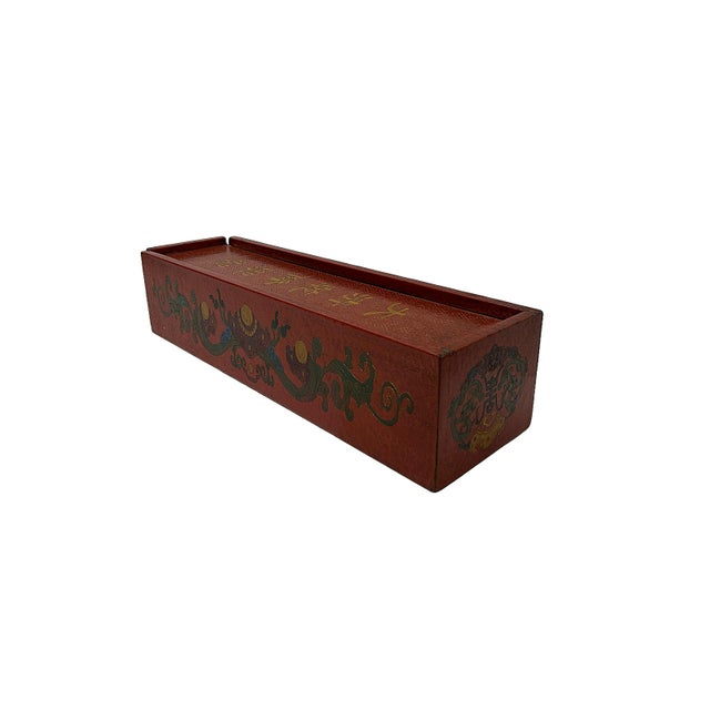 Brick Red Chinese Distressed Red Lacquer Chinoiserie Long Rectangular Treasure Box For Sale - Image 8 of 10