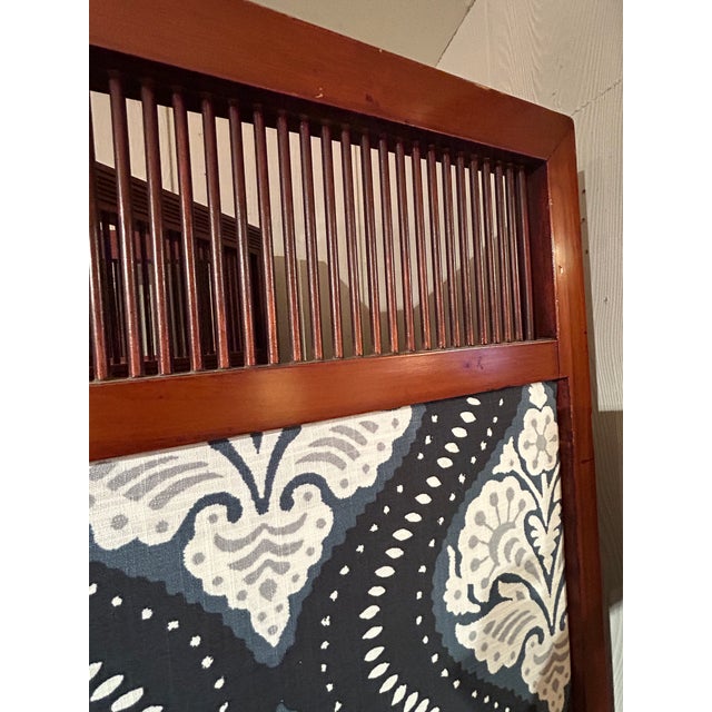 Blue Vintage Mahogany & New Ikat Fabric 3 Panel Screen For Sale - Image 8 of 16
