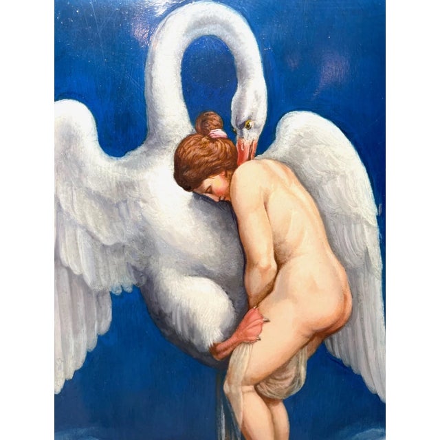 1970s Vintage Original Nude Lady With Swan Whimsical Whimsy Oil Painting on Copper For Sale - Image 5 of 12