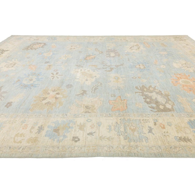 Textile 12x15 Modern Oushak Hand-Knotted Wool Area Rug – Soft Blue & Muted Earth Tones For Sale - Image 7 of 11