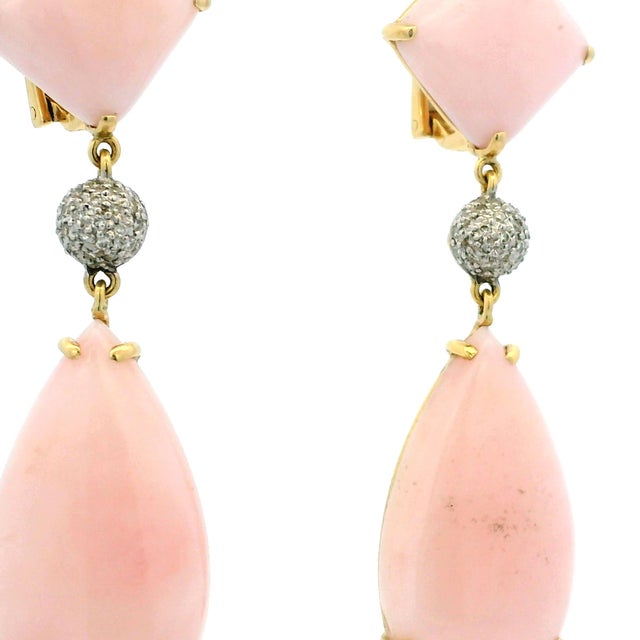 Vintage 1980s 18k Gold Pink Coral and Diamond Drop Earrings, Pair For Sale - Image 9 of 11