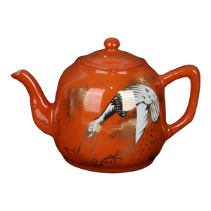 Chinese Vintage Ceramic Tea Pot,Red Ground Gold Tracing Porcelain Tea Pot Hand Painted Pine and Crane Pattern