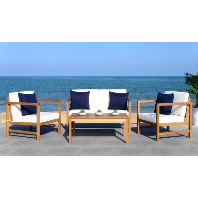 Outdoor Table and Chair Set With Accent Pillows in Natural & White & Navy - 4 Pieces For Sale In Philadelphia - Image 6 of 10